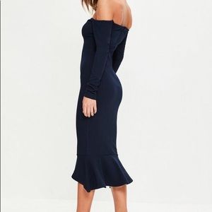 navy bardot fishtail hem dress